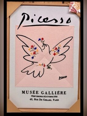 NEW BP Home Dove PICASSO Wall Textile Art Woven. Musee Galliere Wood frame.
